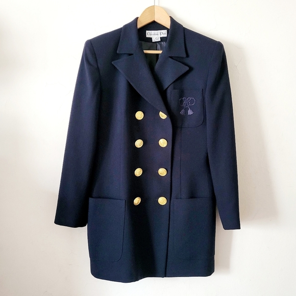 Vintage Christian Dior Double Breasted Rope Embroidered Detail Blazer Navy Sz 10 - Picture 2 of 16